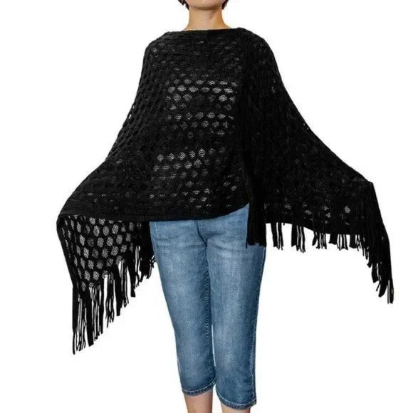 Black Honeycomb Knit Poncho with Tassels - Picture 3 of 4